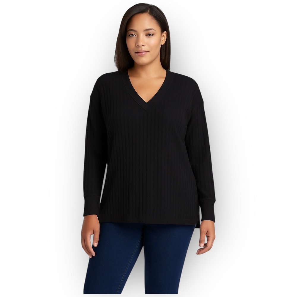 NWT Andrew Marc Women Black Ribbed Knit V-Neck Long Sleeve Top Size Large
